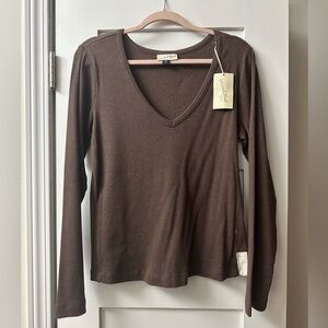 Universal Thread Brown Ribbed Long Sleeve V-Neck Top